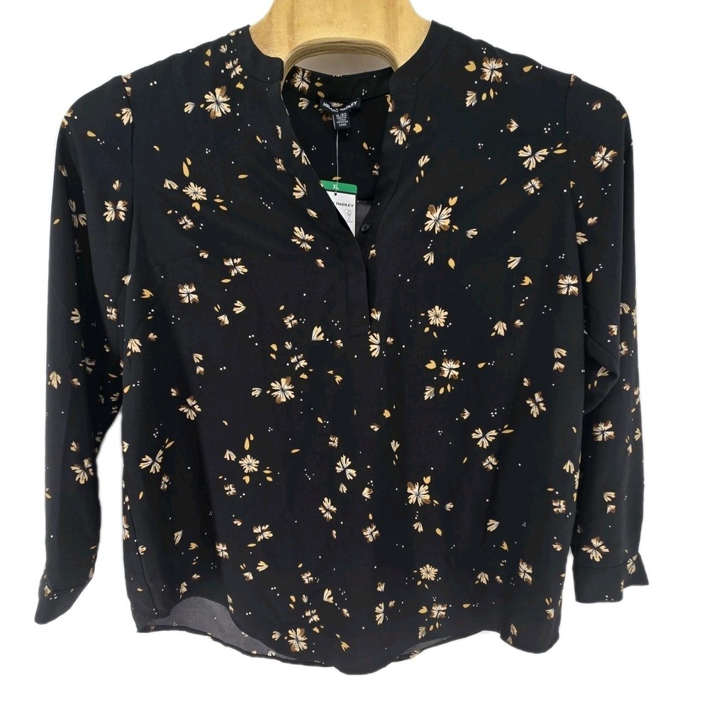 Hilary Radley Blouse Womens XL CU3421-132 Black Floral Split Neck NEW